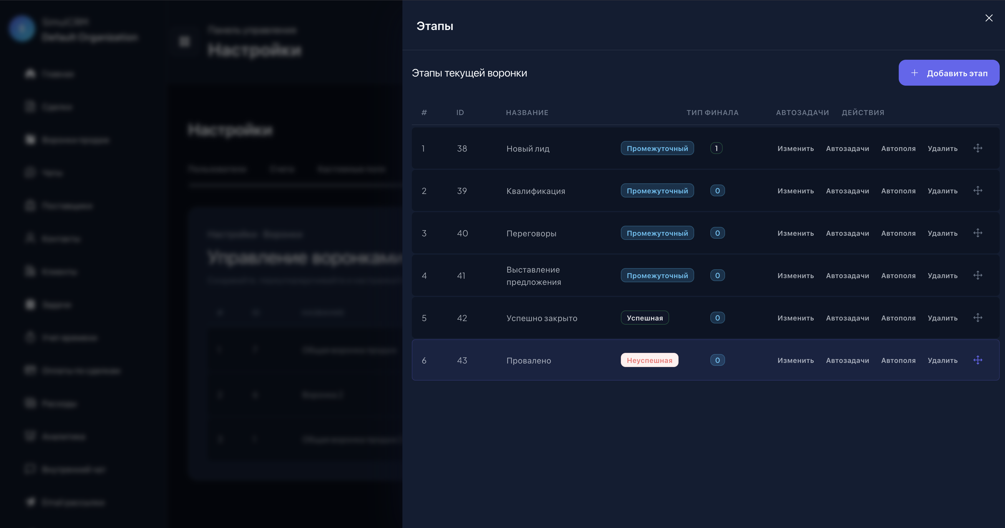 Этапы воронки продаж в SimulCRM