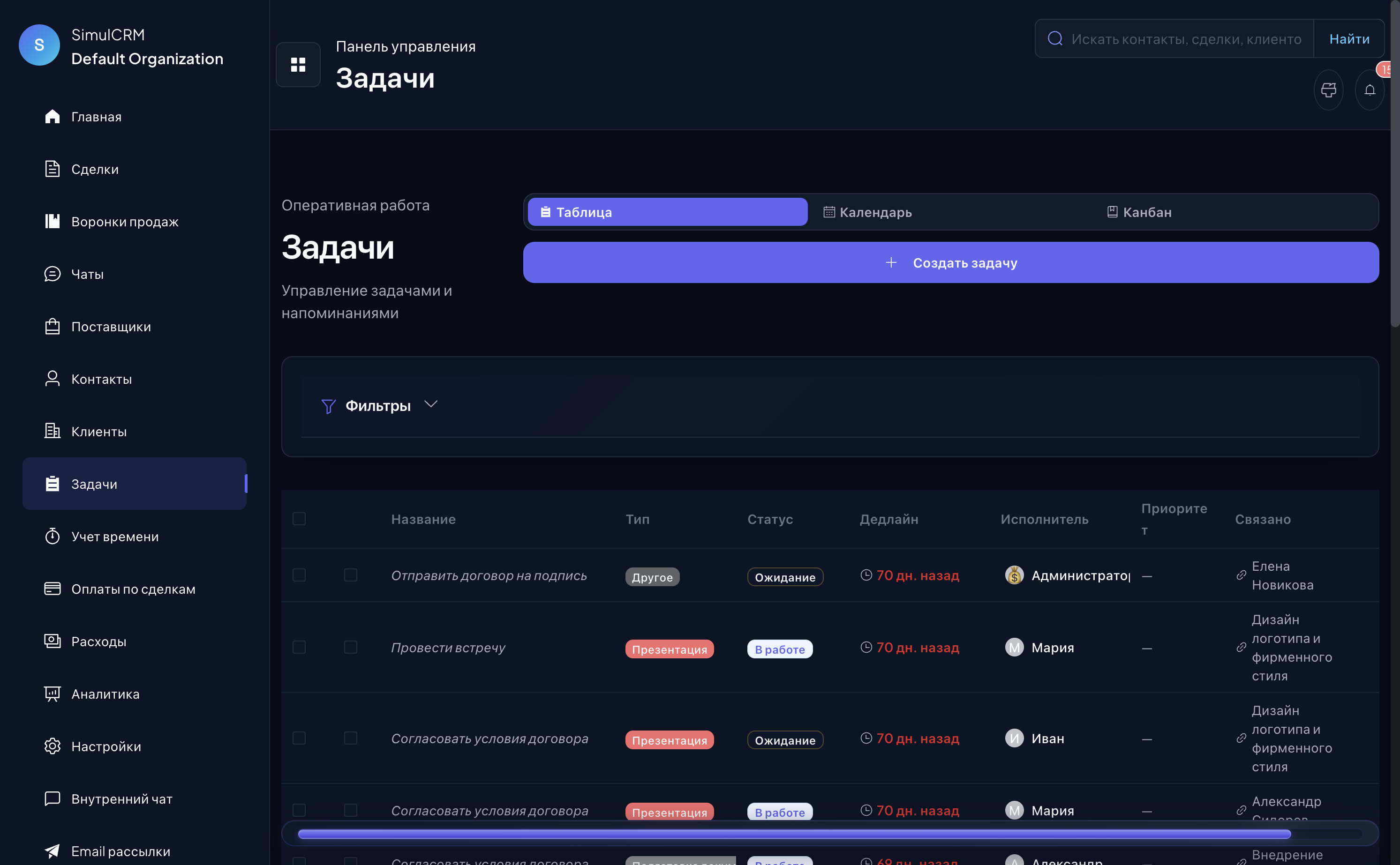 Список задач и напоминаний в SimulCRM